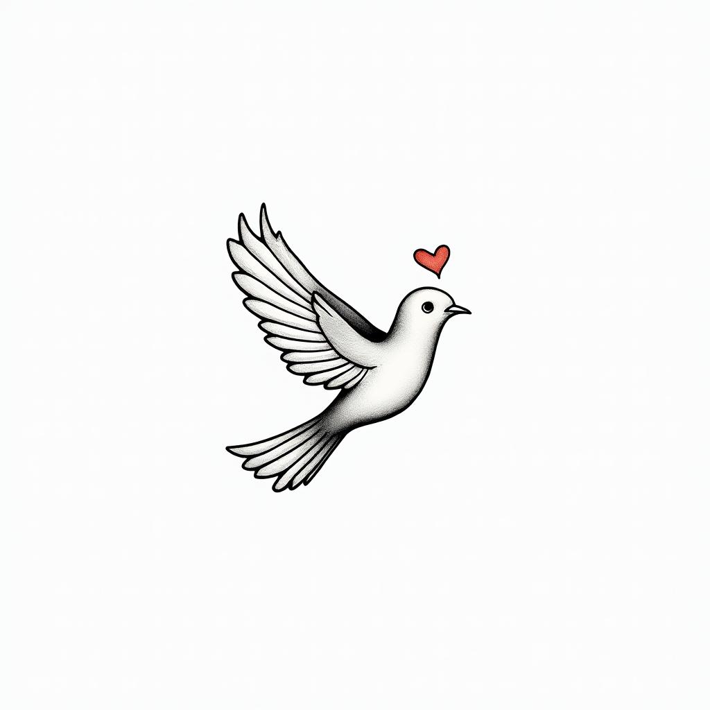 Small dovein Modest style tattoo, featuring soft, delicate line work with simple and meaningful symbols, gentle waves, a heart, evoking a sense of serenity and grace,
