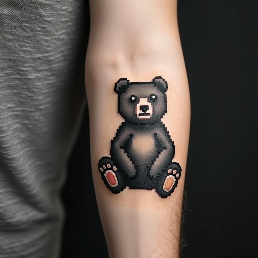 Bearin 8-bit tattoo style, minimalistic pixel style tattoo, pixel art with simplified shapes and retro gaming visuals, inspired by 8-bit pixel based detailing - Variation 2