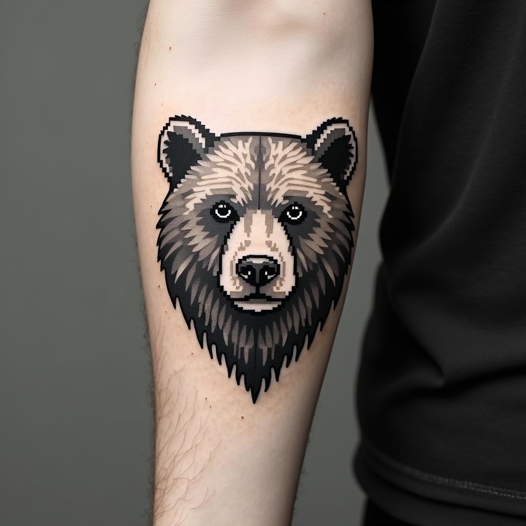 Bearin 8-bit tattoo style, minimalistic pixel style tattoo, pixel art with simplified shapes and retro gaming visuals, inspired by 8-bit pixel based detailing - Variation 4