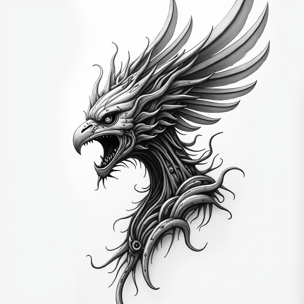 Phoenixtattoo in biomechanic style, the tattoo covered by robotic elements of futuristic cyberpunk design, robotic features detail, showcasing intricate mechanical components