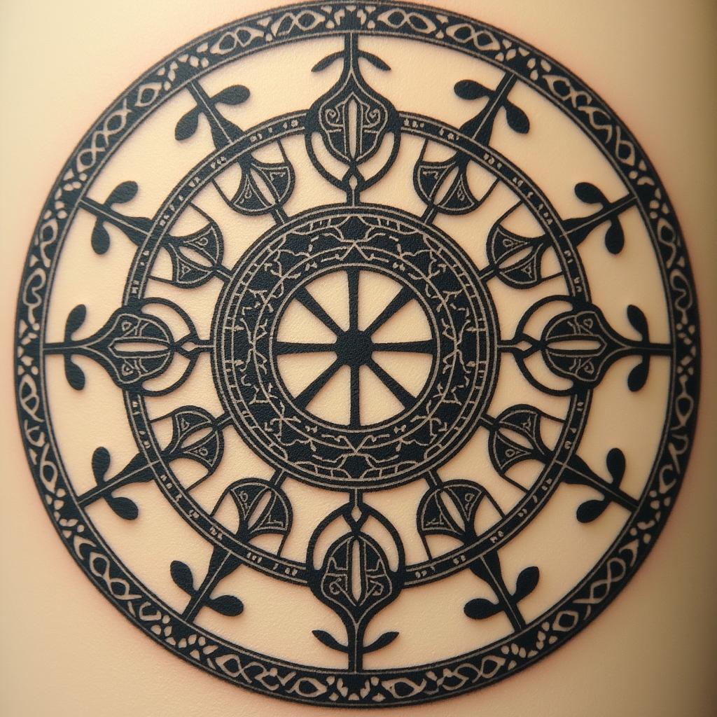 Please create a tattoo for a woman, wrist, circular, with the following runes # Guide to Rune Meanings
In the world of runes and their meanings, there are many symbols, each representing very specific aspects of life. Here are some of the most important runes and their meanings:
## 1. Fehu (ᚠ)
**Meaning:** Abundance, material security, creative power
Fehu represents prosperity and wealth. This rune stands for material security and the ability to create and maintain wealth. It is also a symbol of creative potential and the power to bring forth new things.
## 2. Uruz (ᚢ)
**Meaning:** Strength, vitality, assertiveness
Uruz stands for raw strength and vitality. This rune symbolizes the power to overcome obstacles and to harness one’s strength to achieve personal goals. It is a sign of determination and assertiveness.
## 3. Algiz (ᛉ)
**Meaning:** Protection, inner guidance, spiritual connection
Algiz is the rune of protection and security. It offers spiritual guidance and represents connection to higher forces. This rune helps find inner strength and protects against negative influences.
## 4. Raido (ᚱ)
**Meaning:** Life journey, rhythm, transformation
Raido stands for travel and the flow of life. This rune symbolizes the movement and change that life brings. It encourages finding one’s path in life and embracing the challenges that life presents.
## 5. Sowilo (ᛋ)
**Meaning:** Light, joy of life, clarity and energy
Sowilo is the rune of light and clarity. It stands for the joy of living and positive energy. This rune brings light into darkness and helps to gain clarity about one’s goals and aspirations.
## 6. Laguz (ᛚ)
**Meaning:** Intuition, healing, flowing development
Laguz represents the powers of intuition and healing. This rune stands for flowing development and the ability to adapt to changes. It promotes inner knowledge and connection to one’s feelings.
## 7. Berkano (ᛒ)
**Meaning:** Security, femininity, new beginnings
Berkano is the rune of femininity and the birth of new ideas. It symbolizes security and the...higly detailed tattoo - Variation 3