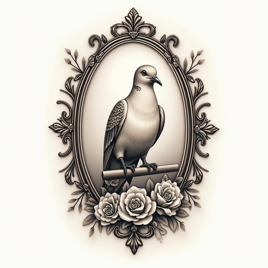 Small dovein victorian style tattoo, featuring vintage and elegant elements, ornate frames, roses, antique, sepia-toned color scheme - Variation 3