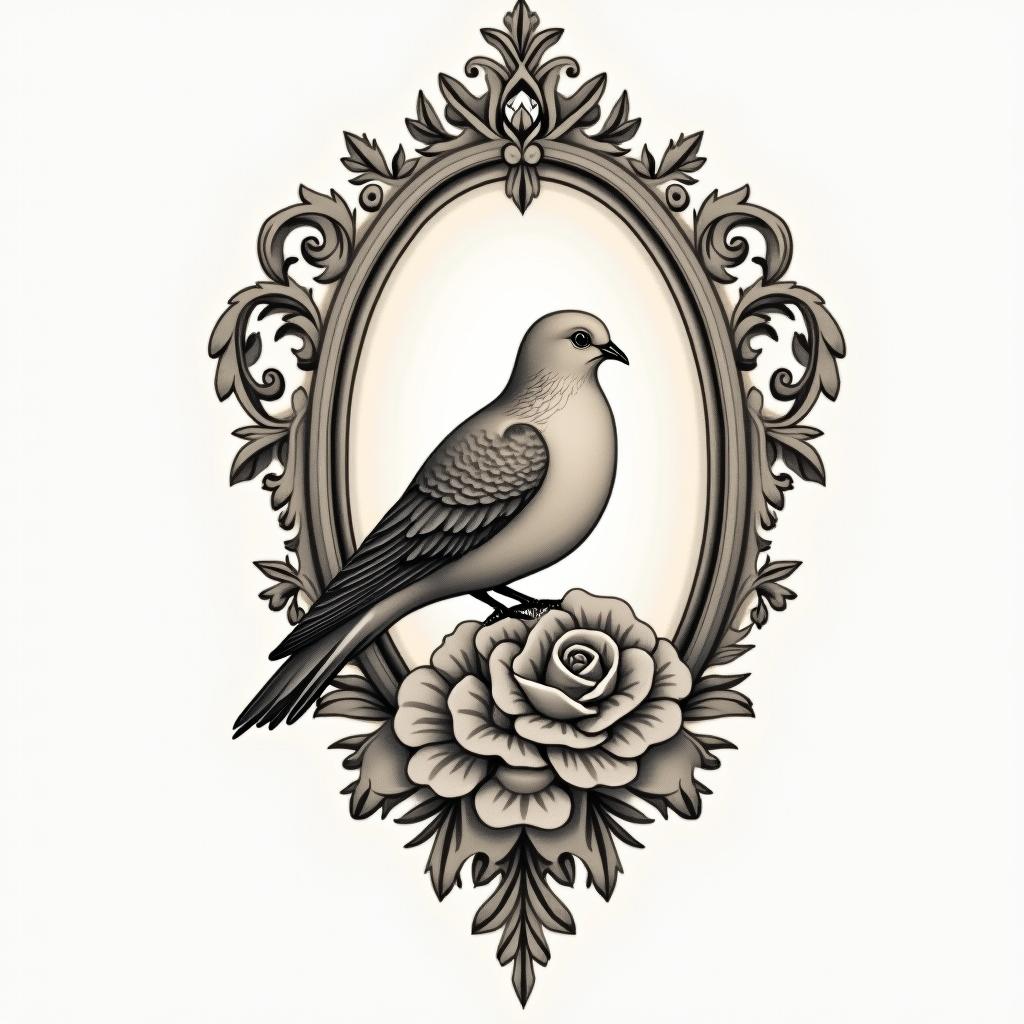 Small dovein victorian style tattoo, featuring vintage and elegant elements, ornate frames, roses, antique, sepia-toned color scheme - Variation 2