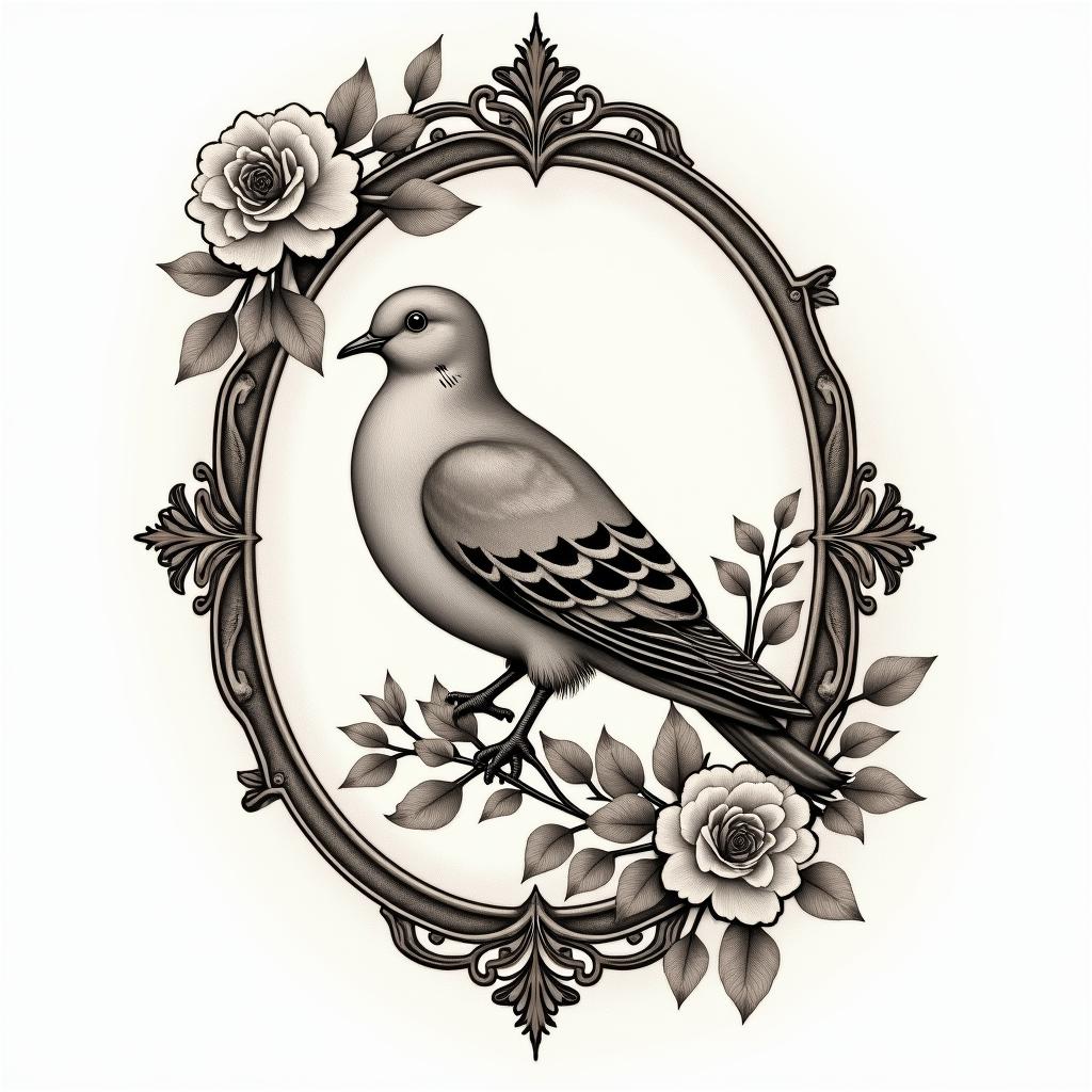 Small dovein victorian style tattoo, featuring vintage and elegant elements, ornate frames, roses, antique, sepia-toned color scheme