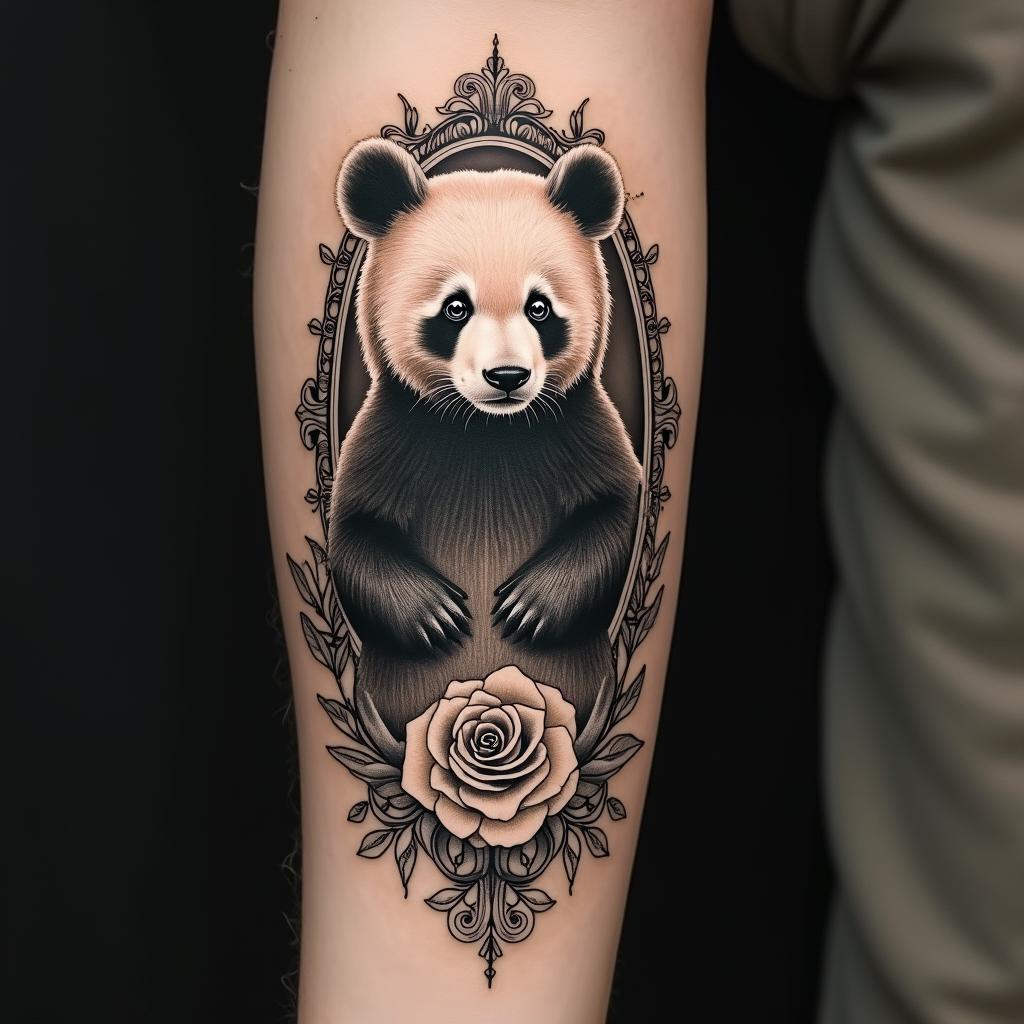 Bear pandain victorian style tattoo, featuring vintage and elegant elements, ornate frames, roses, antique, sepia-toned color scheme - Variation 7