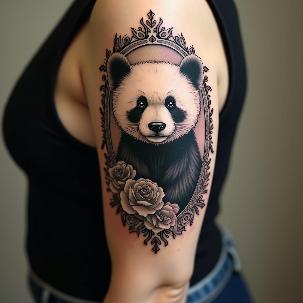 Bear pandain victorian style tattoo, featuring vintage and elegant elements, ornate frames, roses, antique, sepia-toned color scheme - Variation 2