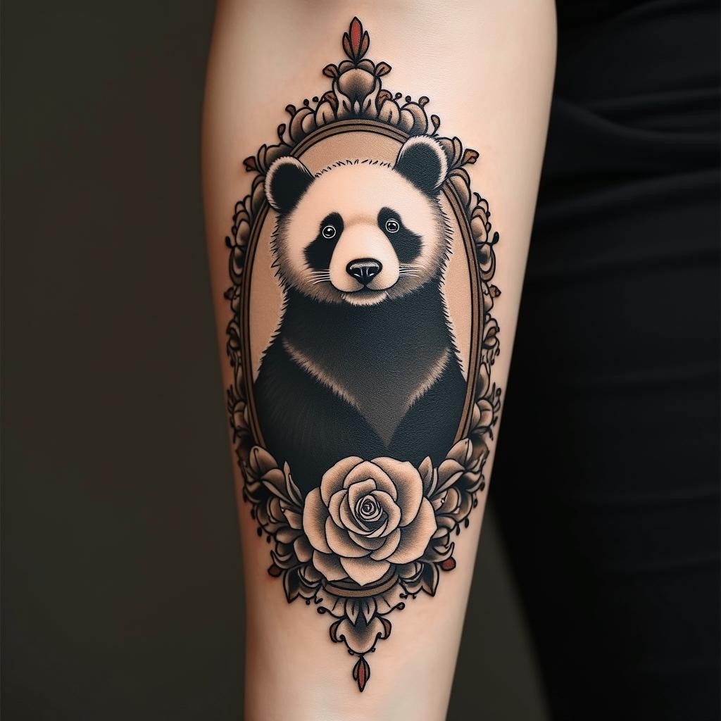 Bear pandain victorian style tattoo, featuring vintage and elegant elements, ornate frames, roses, antique, sepia-toned color scheme - Variation 3