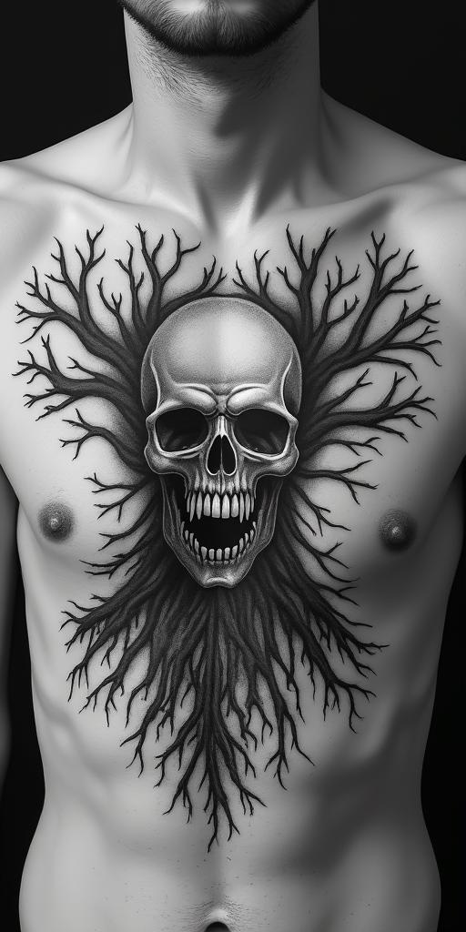 Tree of life with roots and branchescreepy horror tattoo style, featuring an eerie and unsettling skull of a demonic creature, distorted face with sharp fangs, add pentagram symbol - Variation 7