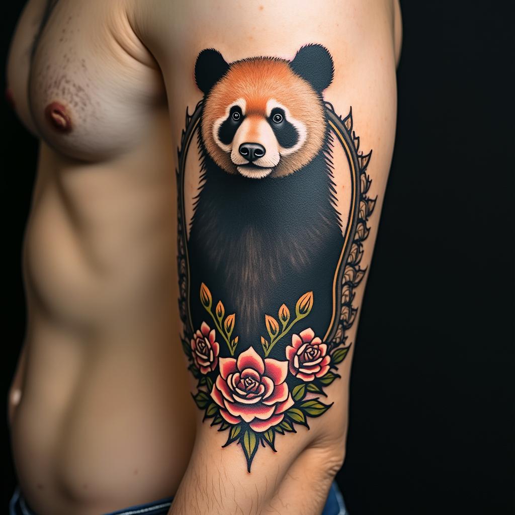 Bear pandain victorian style tattoo, featuring vintage and elegant elements, ornate frames, roses, antique, sepia-toned color scheme - Variation 4