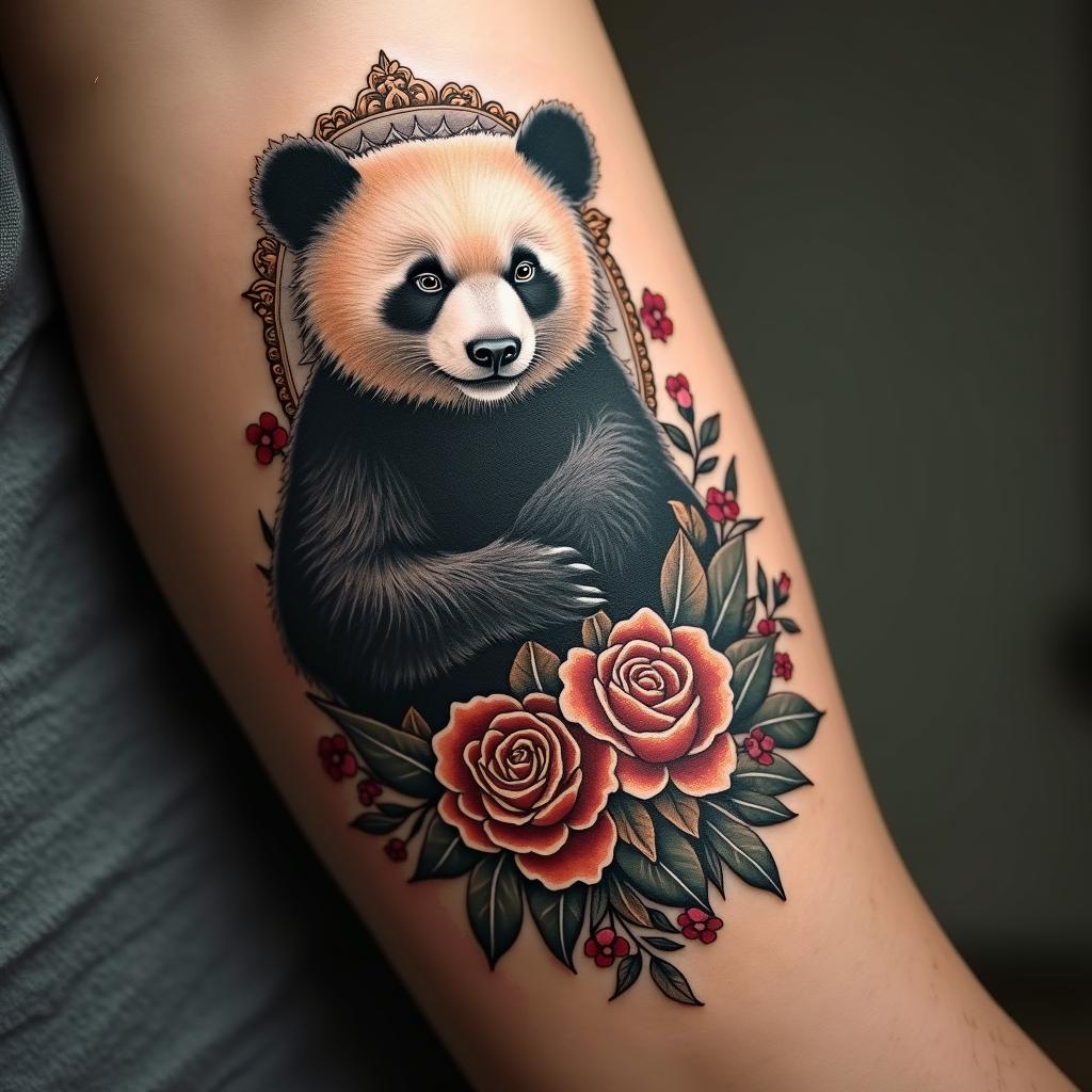 Bear pandain victorian style tattoo, featuring vintage and elegant elements, ornate frames, roses, antique, sepia-toned color scheme - Variation 8