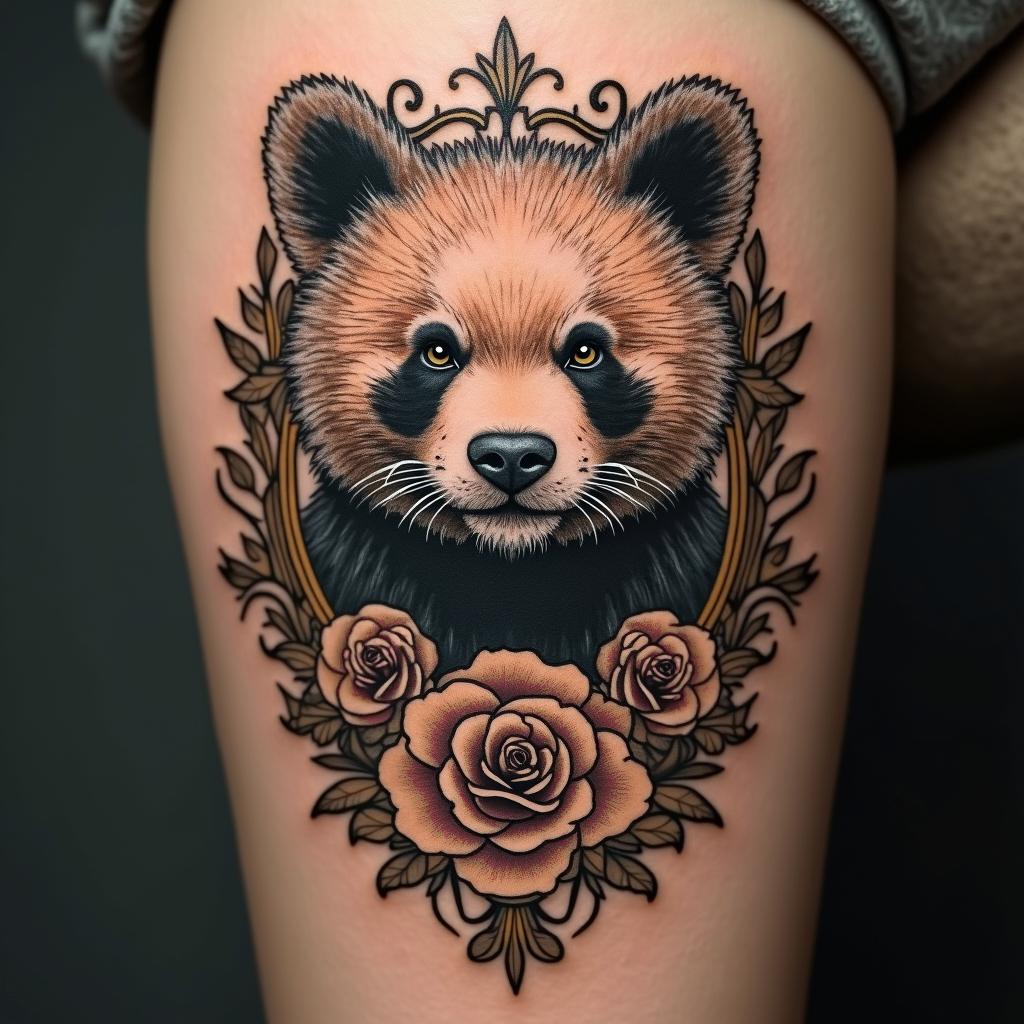Bear pandain victorian style tattoo, featuring vintage and elegant elements, ornate frames, roses, antique, sepia-toned color scheme - Variation 5