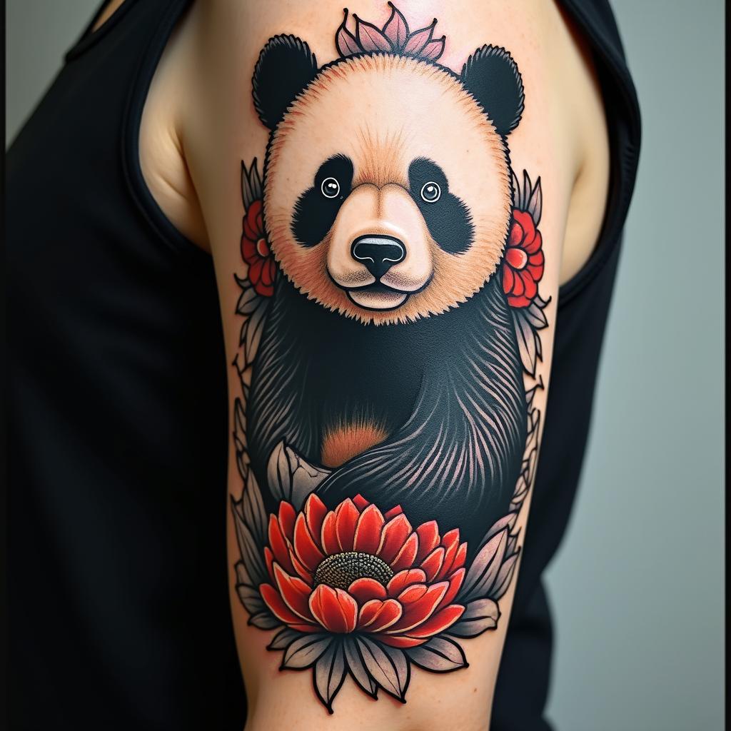 Bear pandain ornamental tattoo style, featuring intricate symmetrical patterns and floral designs, showcasing highly detailed line work and geometric shapes, creating a sense of elegance and balance - Variation 2