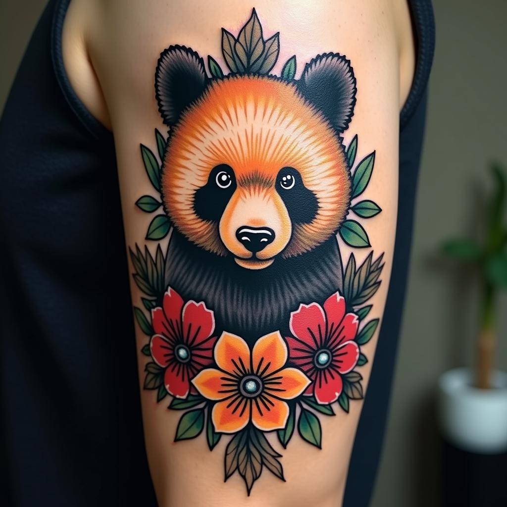 Bear pandain ornamental tattoo style, featuring intricate symmetrical patterns and floral designs, showcasing highly detailed line work and geometric shapes, creating a sense of elegance and balance - Variation 3