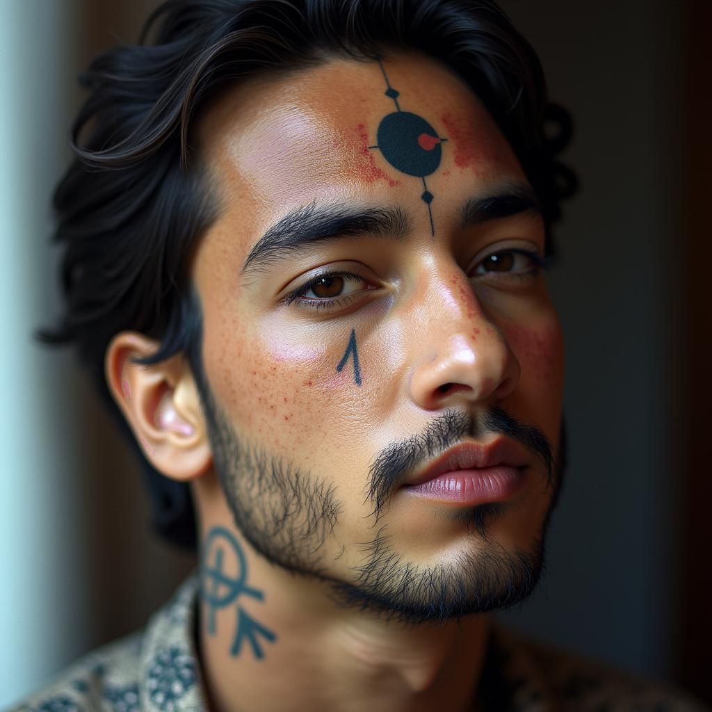 Colourful in spiritual symbols tattoo style, featuring an intricate design incorporating elements, Hamsa hand, third eye, minimalist composition - Variation 2
