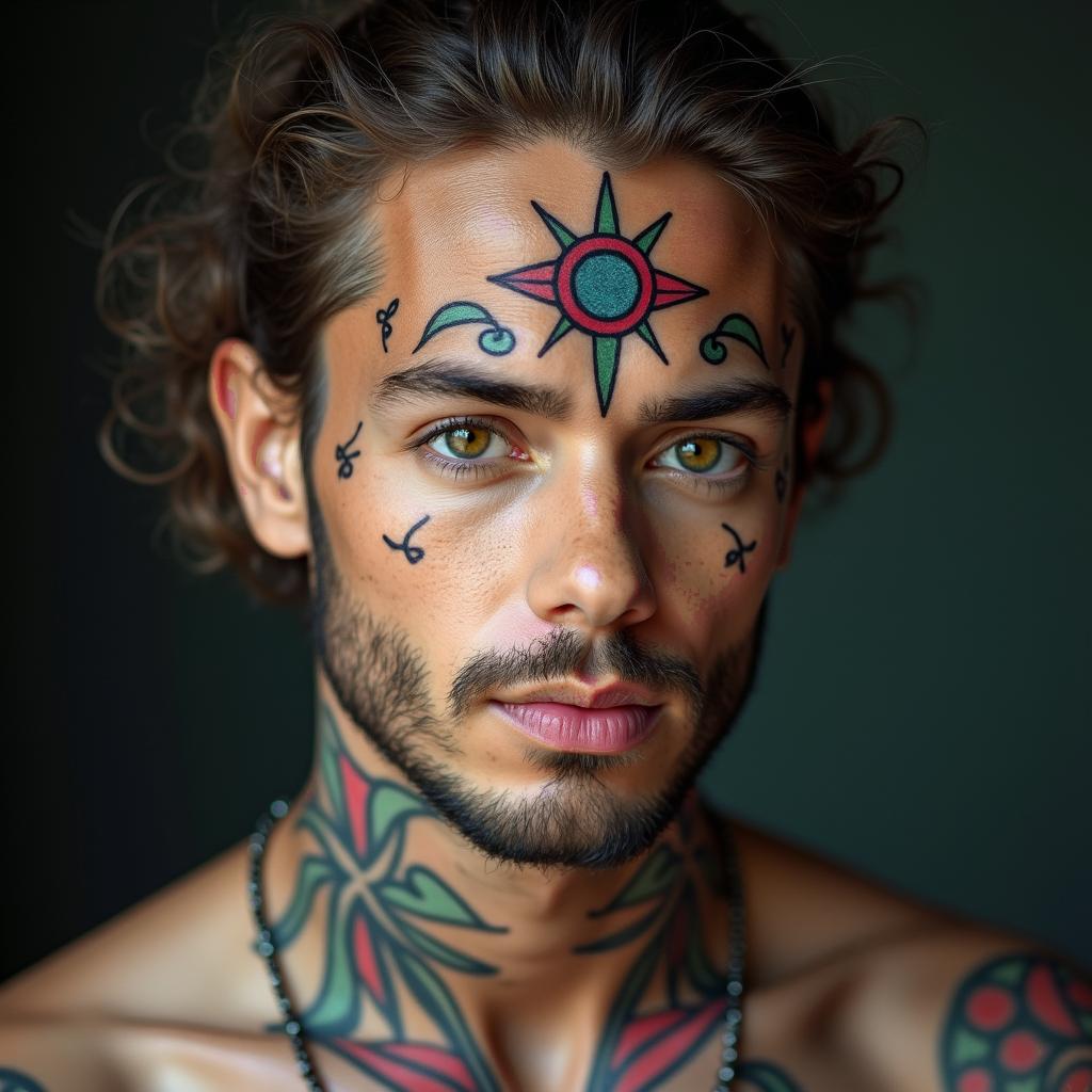 Colourful in spiritual symbols tattoo style, featuring an intricate design incorporating elements, Hamsa hand, third eye, minimalist composition - Variation 3