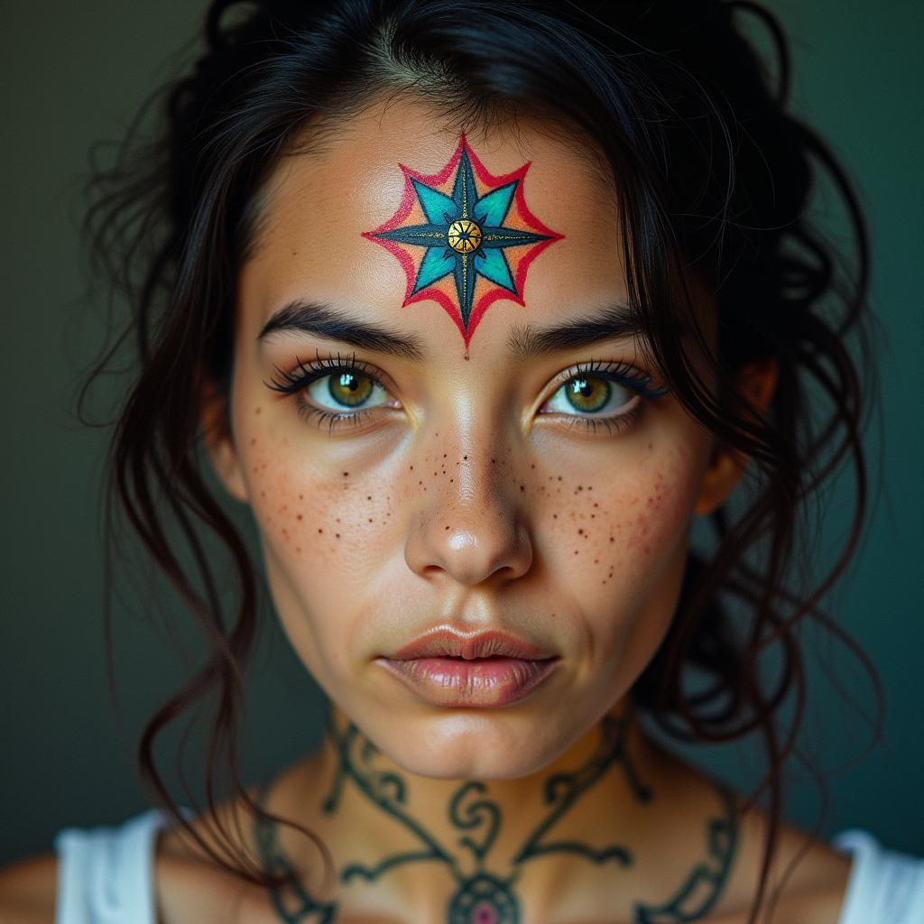 Colourful in spiritual symbols tattoo style, featuring an intricate design incorporating elements, Hamsa hand, third eye, minimalist composition