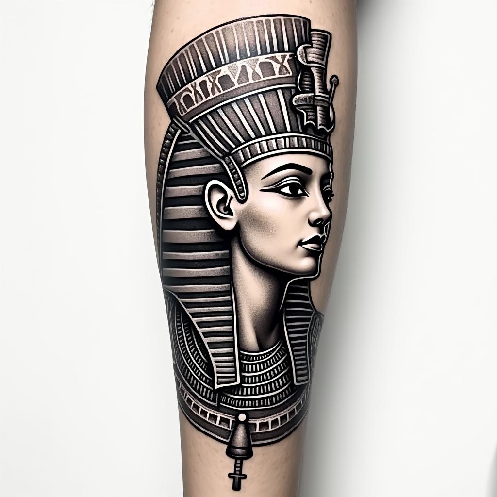 Pfingstrose armin egyptian style tattoo, bold elements of ancient egyptian culture including a portrait of an Egyptian pharaoh with detailed facial features, in hieroglyphs and symbolic imagery, eye of horus, ankh symbol, scarab beetle - Variation 2