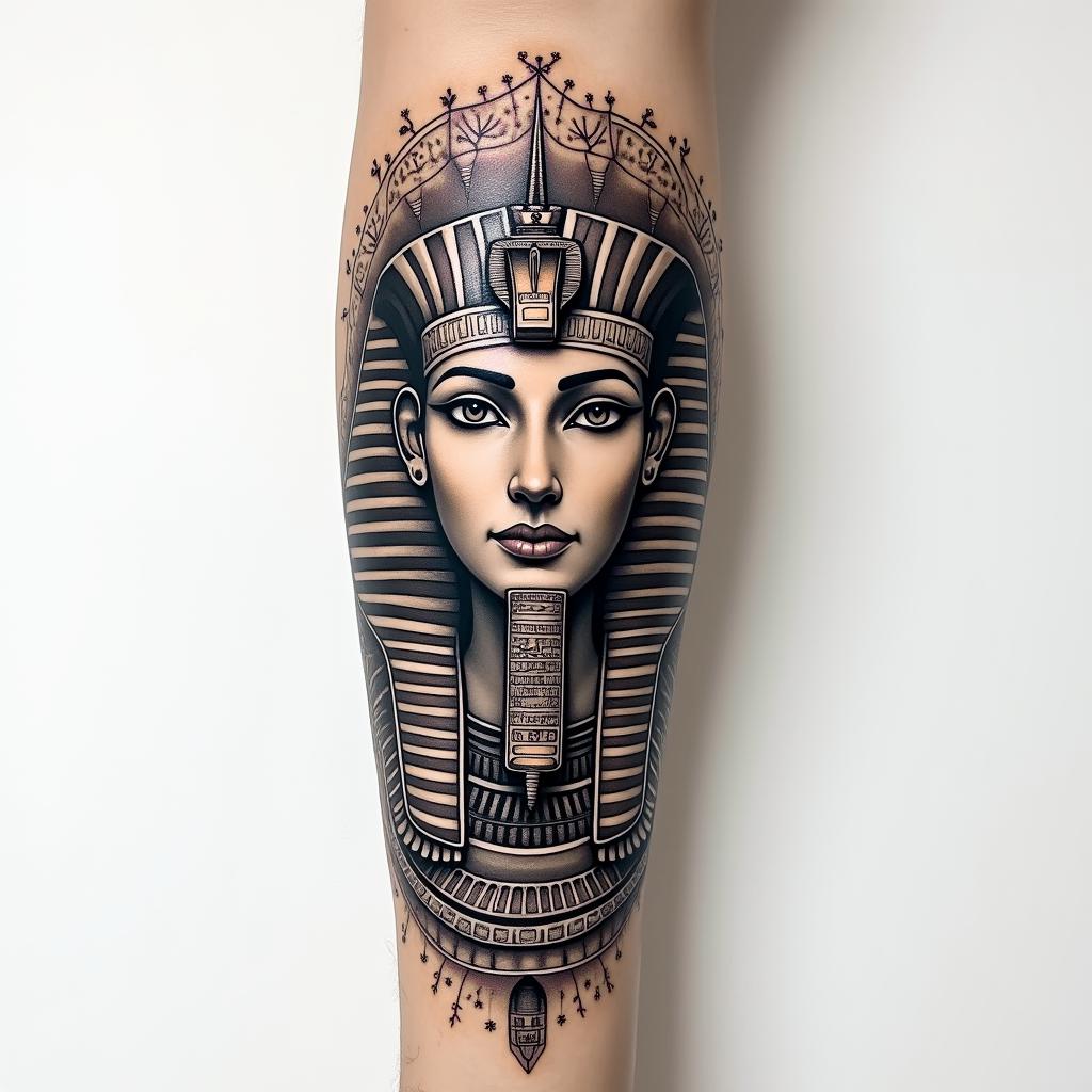 Pfingstrose armin egyptian style tattoo, bold elements of ancient egyptian culture including a portrait of an Egyptian pharaoh with detailed facial features, in hieroglyphs and symbolic imagery, eye of horus, ankh symbol, scarab beetle - Variation 3
