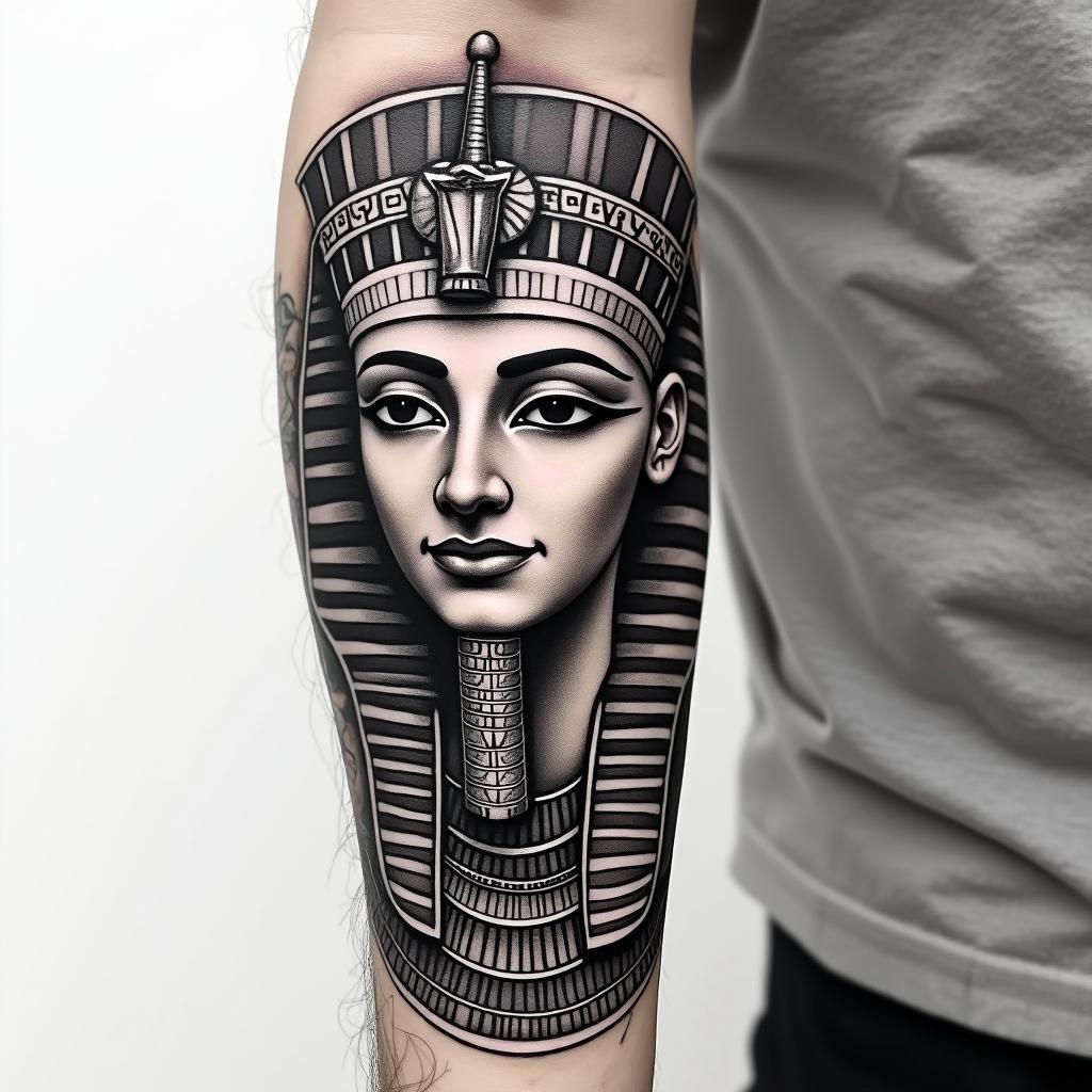 Pfingstrose armin egyptian style tattoo, bold elements of ancient egyptian culture including a portrait of an Egyptian pharaoh with detailed facial features, in hieroglyphs and symbolic imagery, eye of horus, ankh symbol, scarab beetle - Variation 4