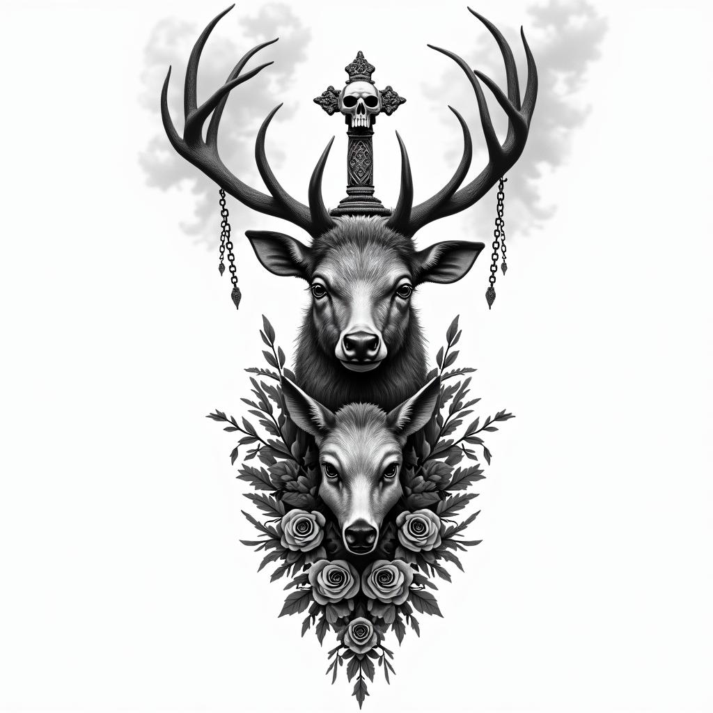 A cartridge releasing smoke that transforms into a deer, a wild boar, a roe deer, a fox, and a mallard duck.in chicano style tattoo, featuring intricate black and grey shading, bold elements of traditional chicano culture symbols, add a big cross with skull, chains and roses - Variation 4