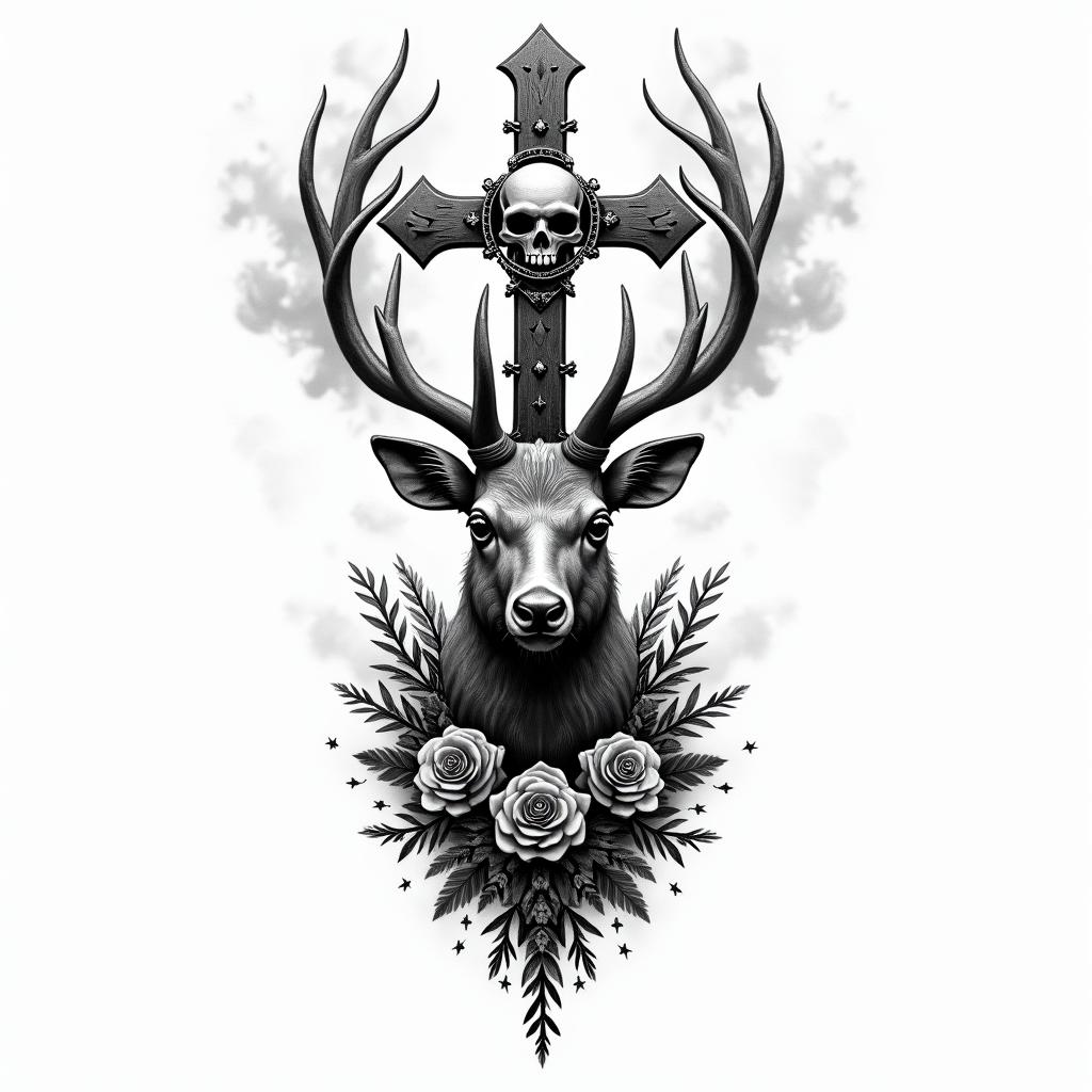 A cartridge releasing smoke that transforms into a deer, a wild boar, a roe deer, a fox, and a mallard duck.in chicano style tattoo, featuring intricate black and grey shading, bold elements of traditional chicano culture symbols, add a big cross with skull, chains and roses