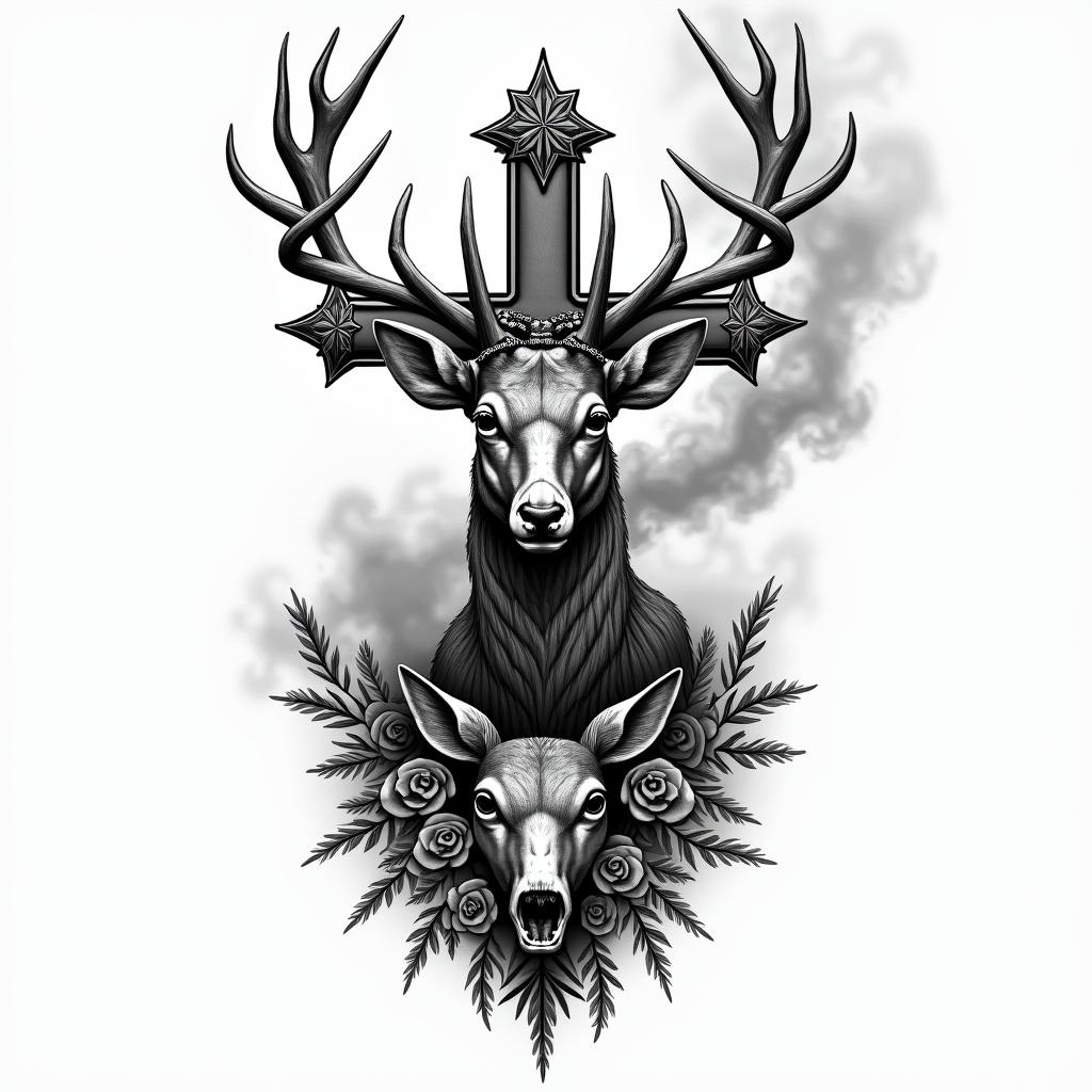 A cartridge releasing smoke that transforms into a deer, a wild boar, a roe deer, a fox, and a mallard duck.in chicano style tattoo, featuring intricate black and grey shading, bold elements of traditional chicano culture symbols, add a big cross with skull, chains and roses - Variation 2