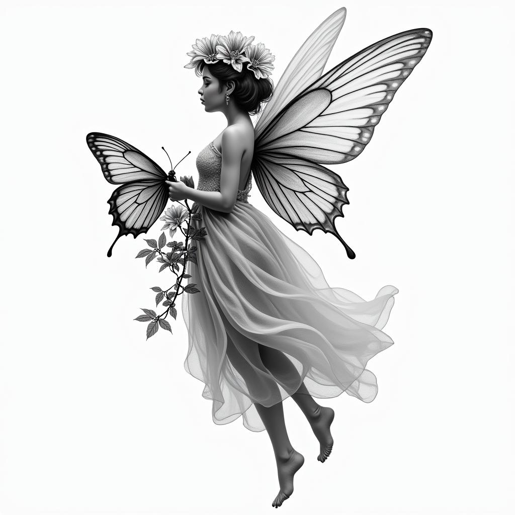 Fairy, butterfly, flower,higly detailed tattoo