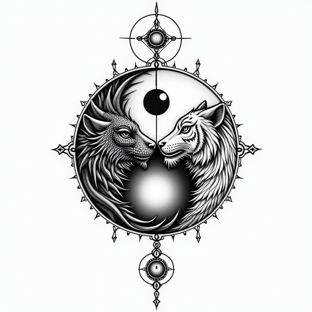 Yin yang with dragon and tigerin spiritual symbols tattoo style, featuring an intricate design incorporating elements, Hamsa hand, third eye, minimalist composition - Variation 3