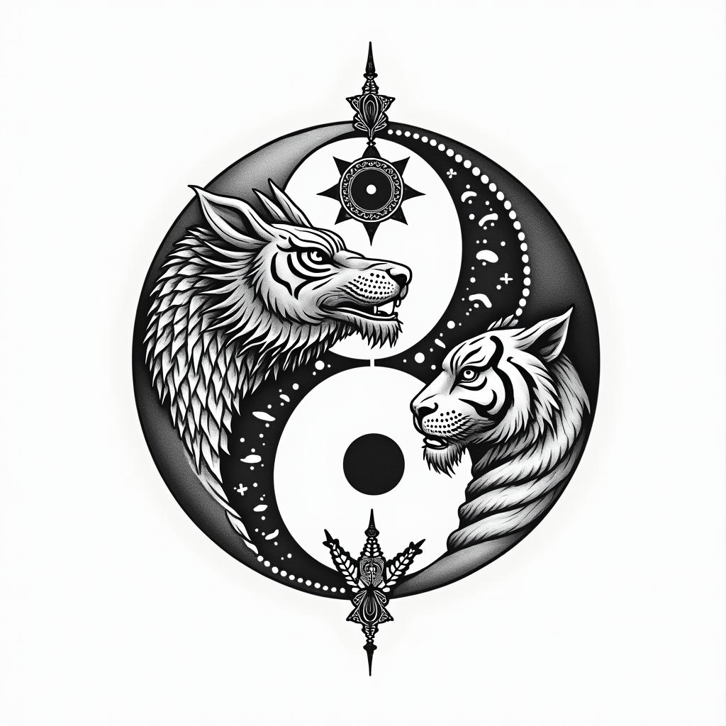 Yin yang with dragon and tigerin spiritual symbols tattoo style, featuring an intricate design incorporating elements, Hamsa hand, third eye, minimalist composition - Variation 2