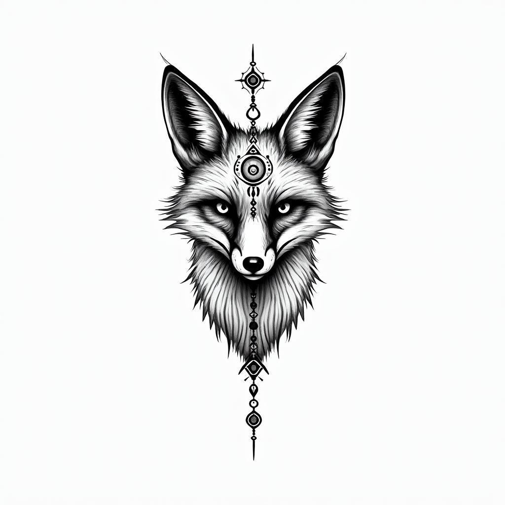 Foxin spiritual symbols tattoo style, featuring an intricate design incorporating elements, Hamsa hand, third eye, minimalist composition - Variation 4
