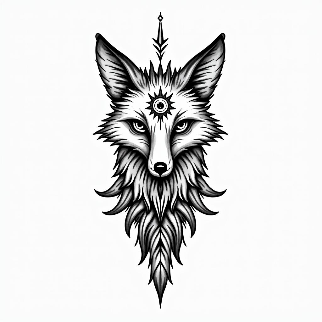 Foxin spiritual symbols tattoo style, featuring an intricate design incorporating elements, Hamsa hand, third eye, minimalist composition - Variation 2