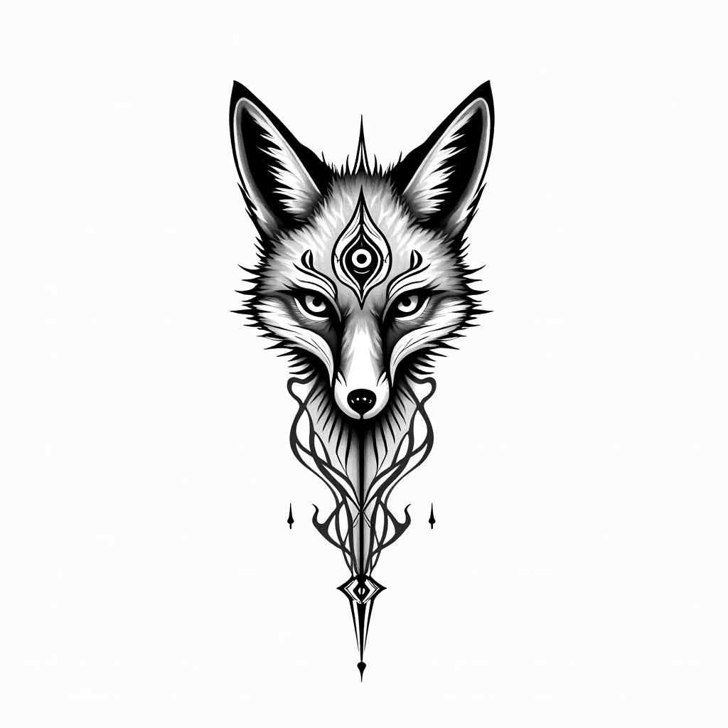 Foxin spiritual symbols tattoo style, featuring an intricate design incorporating elements, Hamsa hand, third eye, minimalist composition - Variation 3