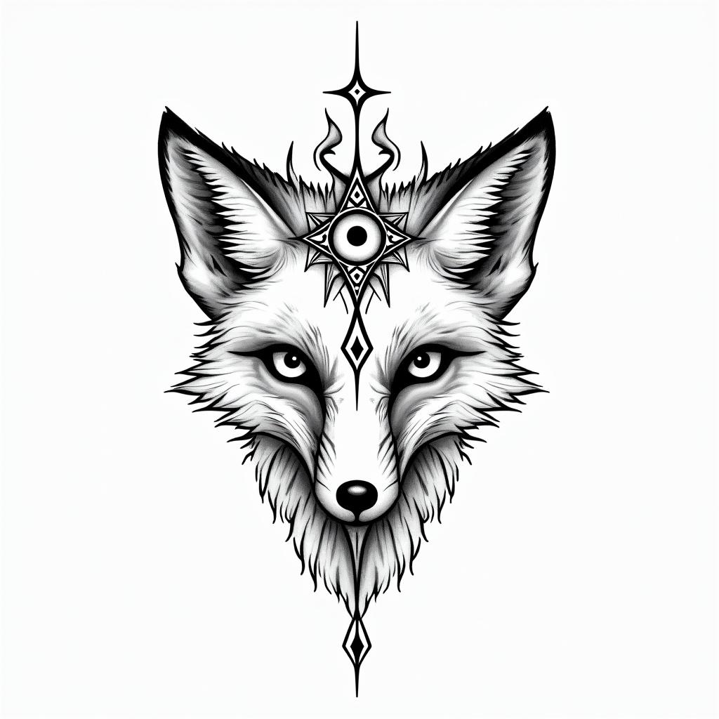 Foxin spiritual symbols tattoo style, featuring an intricate design incorporating elements, Hamsa hand, third eye, minimalist composition