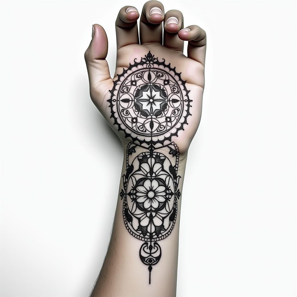 Runic tattoo, woman, playful, wrist, 1. Fehu (ᚠ) – for abundance, material security, creative power

2. Uruz (ᚢ) – (not explicitly mentioned, but often used as a complement to Fehu – let me know if you want it)

3. Algiz (ᛉ) – for protection, inner guidance, spiritual connection

4. Raido (ᚱ) – for life journey, rhythm, transformation

5. Sowilo (ᛋ) – for light, joy of life, clarity, and energy

6. Laguz (ᛚ) – for intuition, healing, flowing development

7. Berkano (ᛒ) – for security, femininity, new beginningsin ornamental tattoo style, featuring intricate symmetrical patterns and floral designs, showcasing highly detailed line work and geometric shapes, creating a sense of elegance and balance - Variation 4