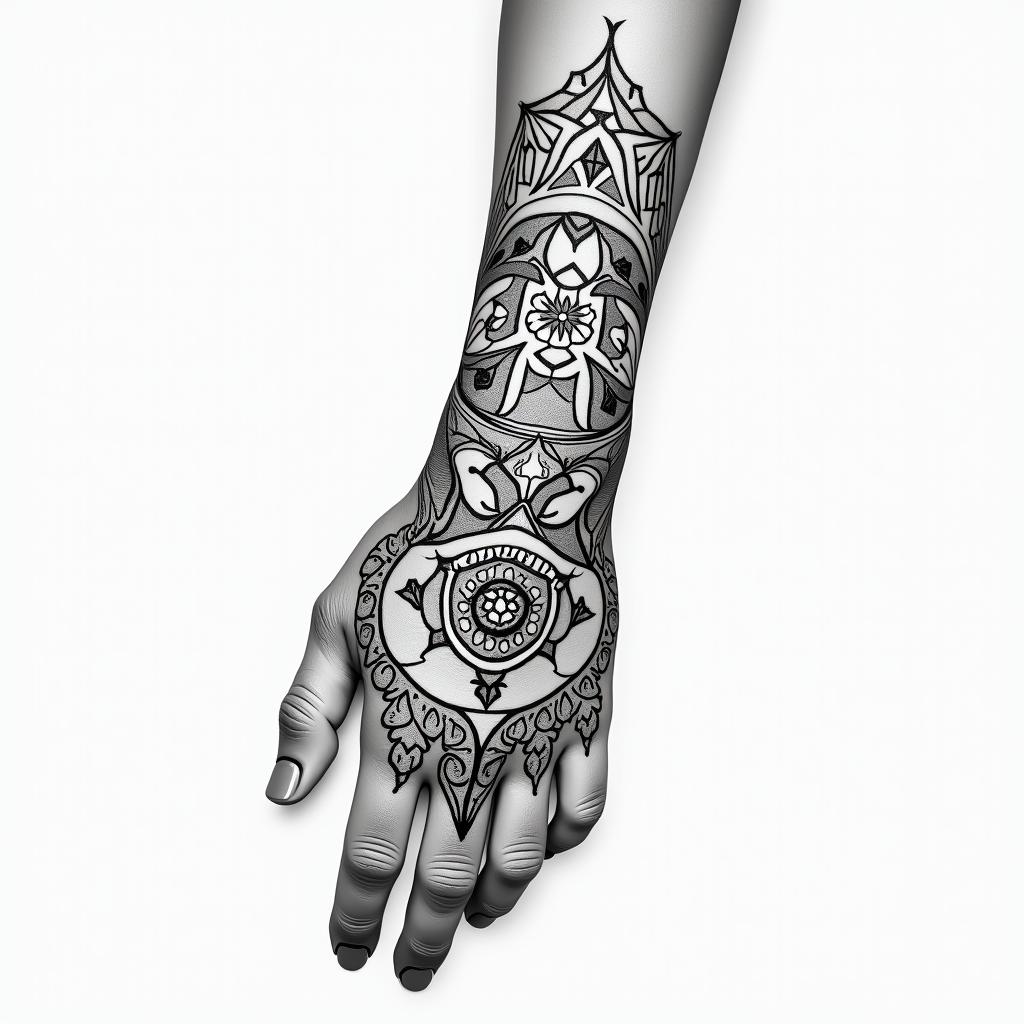 Runic tattoo, woman, playful, wrist, 1. Fehu (ᚠ) – for abundance, material security, creative power

2. Uruz (ᚢ) – (not explicitly mentioned, but often used as a complement to Fehu – let me know if you want it)

3. Algiz (ᛉ) – for protection, inner guidance, spiritual connection

4. Raido (ᚱ) – for life journey, rhythm, transformation

5. Sowilo (ᛋ) – for light, joy of life, clarity, and energy

6. Laguz (ᛚ) – for intuition, healing, flowing development

7. Berkano (ᛒ) – for security, femininity, new beginningsin ornamental tattoo style, featuring intricate symmetrical patterns and floral designs, showcasing highly detailed line work and geometric shapes, creating a sense of elegance and balance - Variation 3