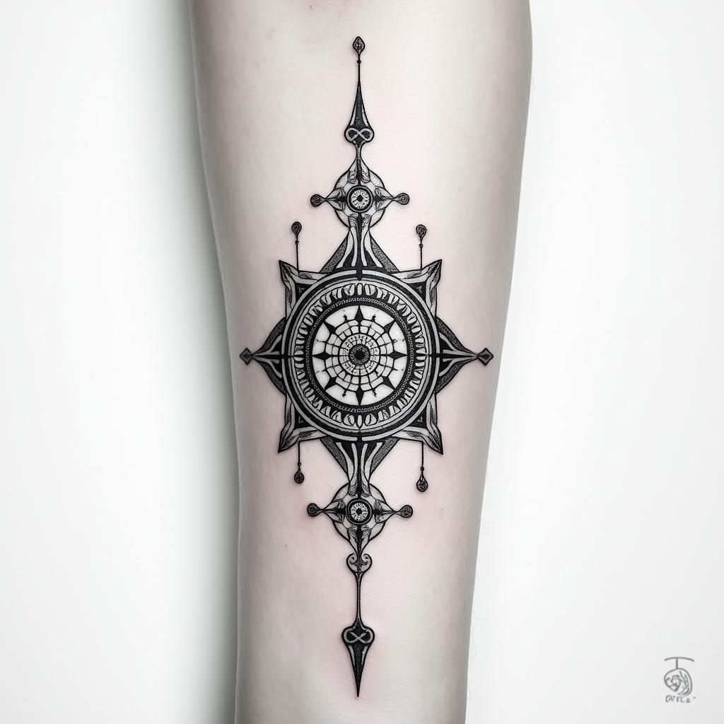 Runic tattoo, woman, playful, wrist, 1. Fehu (ᚠ) – for abundance, material security, creative power

2. Uruz (ᚢ) – (not explicitly mentioned, but often used as a complement to Fehu – let me know if you want it)

3. Algiz (ᛉ) – for protection, inner guidance, spiritual connection

4. Raido (ᚱ) – for life journey, rhythm, transformation

5. Sowilo (ᛋ) – for light, joy of life, clarity, and energy

6. Laguz (ᛚ) – for intuition, healing, flowing development

7. Berkano (ᛒ) – for security, femininity, new beginningsin ornamental tattoo style, featuring intricate symmetrical patterns and floral designs, showcasing highly detailed line work and geometric shapes, creating a sense of elegance and balance - Variation 2
