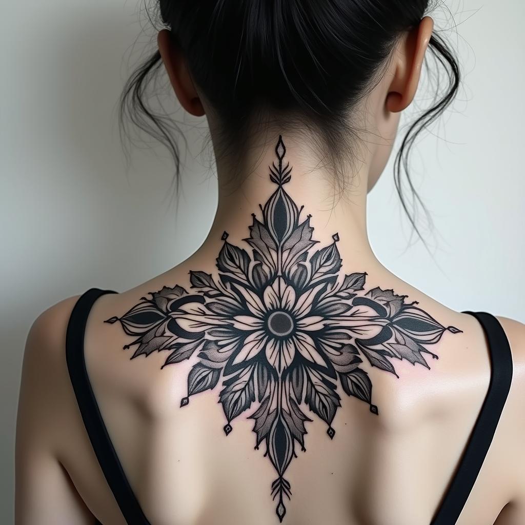Different leafs and a tropical jungle mix with mandela artin ornamental tattoo style, featuring intricate symmetrical patterns and floral designs, showcasing highly detailed line work and geometric shapes, creating a sense of elegance and balance - Variation 2