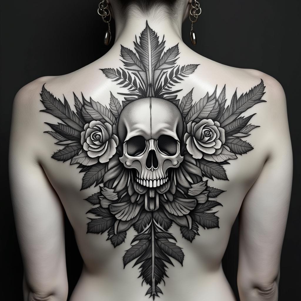 Different leafs and a tropical jungle mix with mandela artin chicano style tattoo, featuring intricate black and grey shading, bold elements of traditional chicano culture symbols, add a big cross with skull, chains and roses - Variation 4
