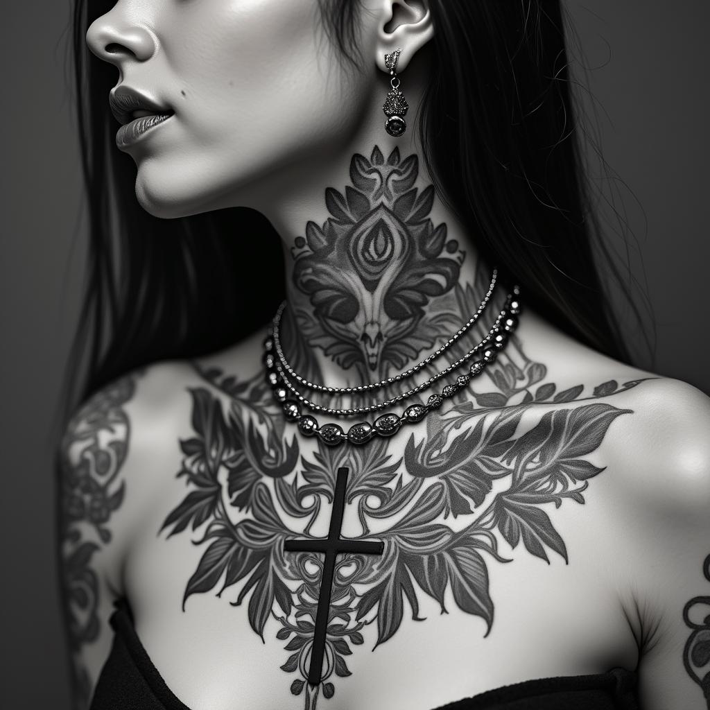 Different leafs and a tropical jungle mix with mandela artin chicano style tattoo, featuring intricate black and grey shading, bold elements of traditional chicano culture symbols, add a big cross with skull, chains and roses - Variation 2