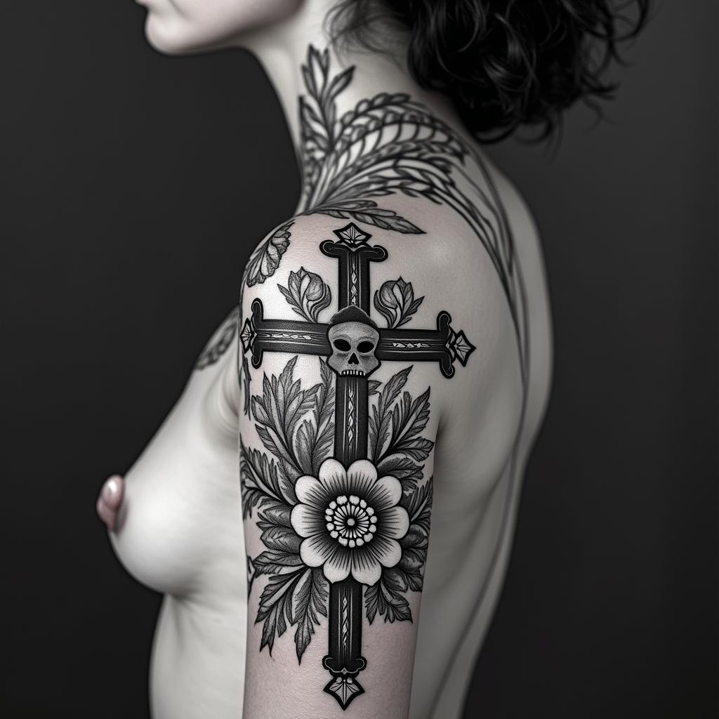 Different leafs and a tropical jungle mix with mandela artin chicano style tattoo, featuring intricate black and grey shading, bold elements of traditional chicano culture symbols, add a big cross with skull, chains and roses