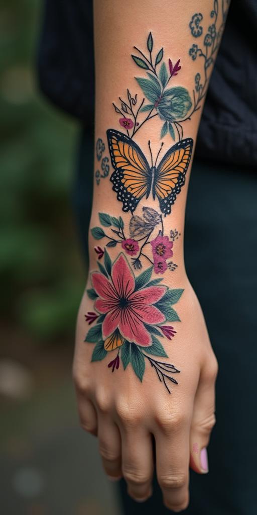 Fairies, butterflies,flowers, quotesin bohemian style tattoo, 8k - Variation 3
