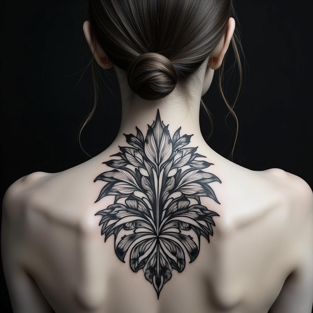 Different leafs and a tropical jungle mix with mandela artin tribal tattoo style, featuring bold and black geometric shapes, curved lines, intertwine and flow seamlessly, creating a powerful and symbolic design, polynesian and maori styles - Variation 4