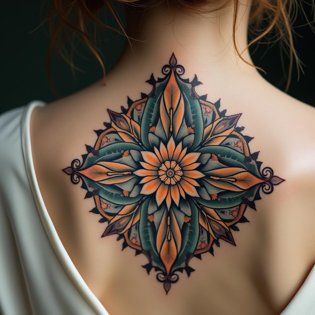 Different leafs and a tropical jungle mix with mandela artin victorian style tattoo, featuring vintage and elegant elements, ornate frames, roses, antique, sepia-toned color scheme - Variation 4