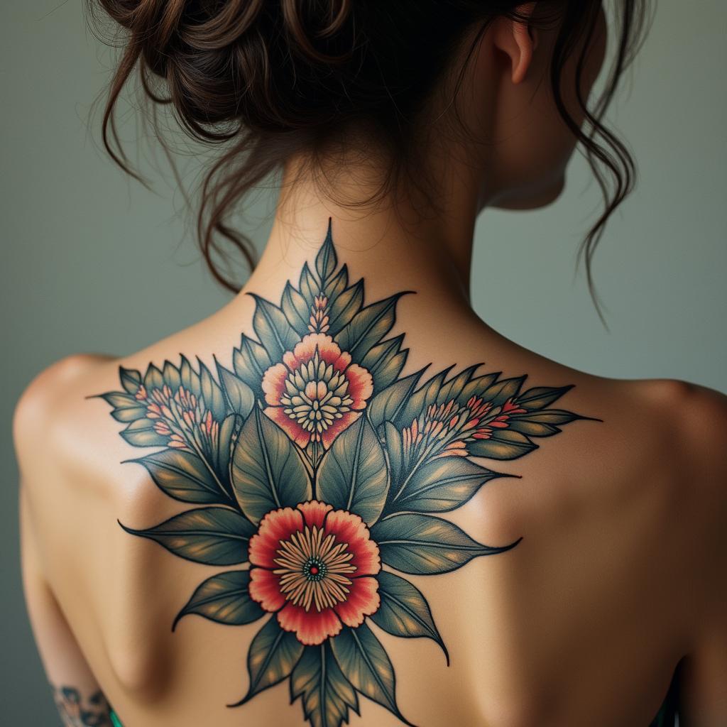 Different leafs and a tropical jungle mix with mandela artin victorian style tattoo, featuring vintage and elegant elements, ornate frames, roses, antique, sepia-toned color scheme - Variation 3