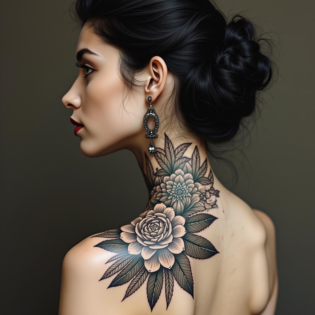 Different leafs and a tropical jungle mix with mandela artin victorian style tattoo, featuring vintage and elegant elements, ornate frames, roses, antique, sepia-toned color scheme