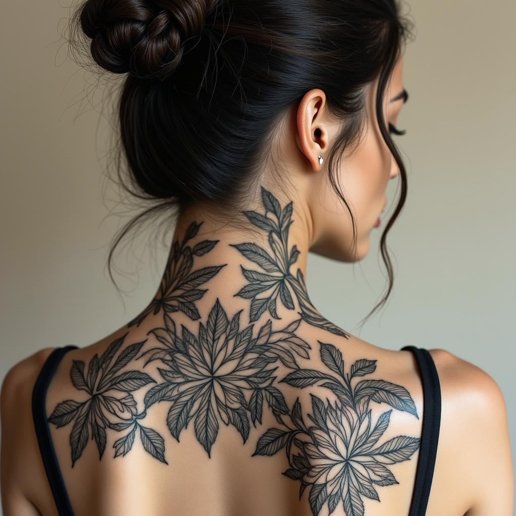 Different leafs and a tropical jungle mix with mandela artin victorian style tattoo, featuring vintage and elegant elements, ornate frames, roses, antique, sepia-toned color scheme - Variation 2
