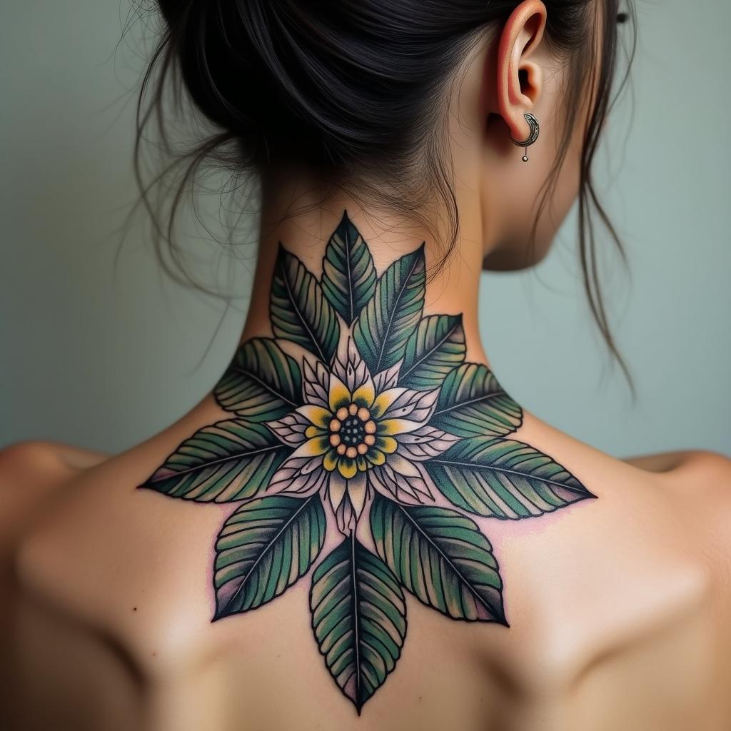 Different leafs and a tropical jungle mix with mandela artin realism tattoo style, featuring a highly detailed, lifelike, capturing every detail, photorealistic, ultra realistic, intricate shading, smooth and sharp,   - Variation 2