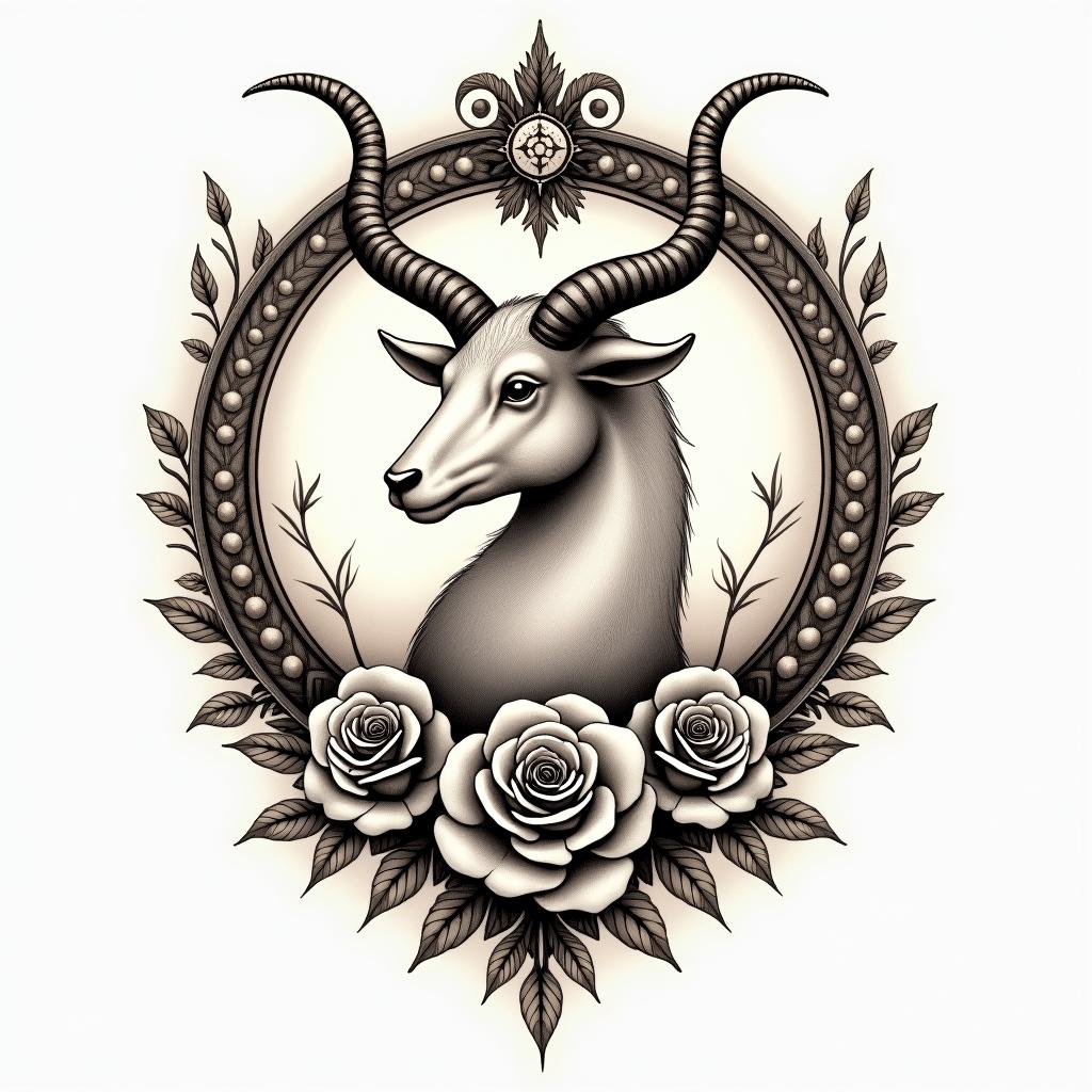 Capricorn zodiac signin victorian style tattoo, featuring vintage and elegant elements, ornate frames, roses, antique, sepia-toned color scheme - Variation 4