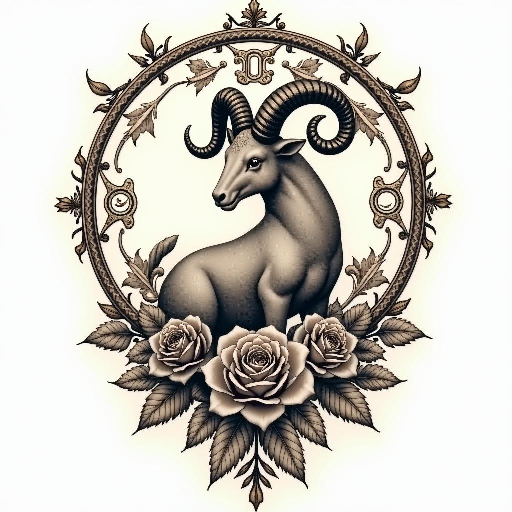 Capricorn zodiac signin victorian style tattoo, featuring vintage and elegant elements, ornate frames, roses, antique, sepia-toned color scheme - Variation 3