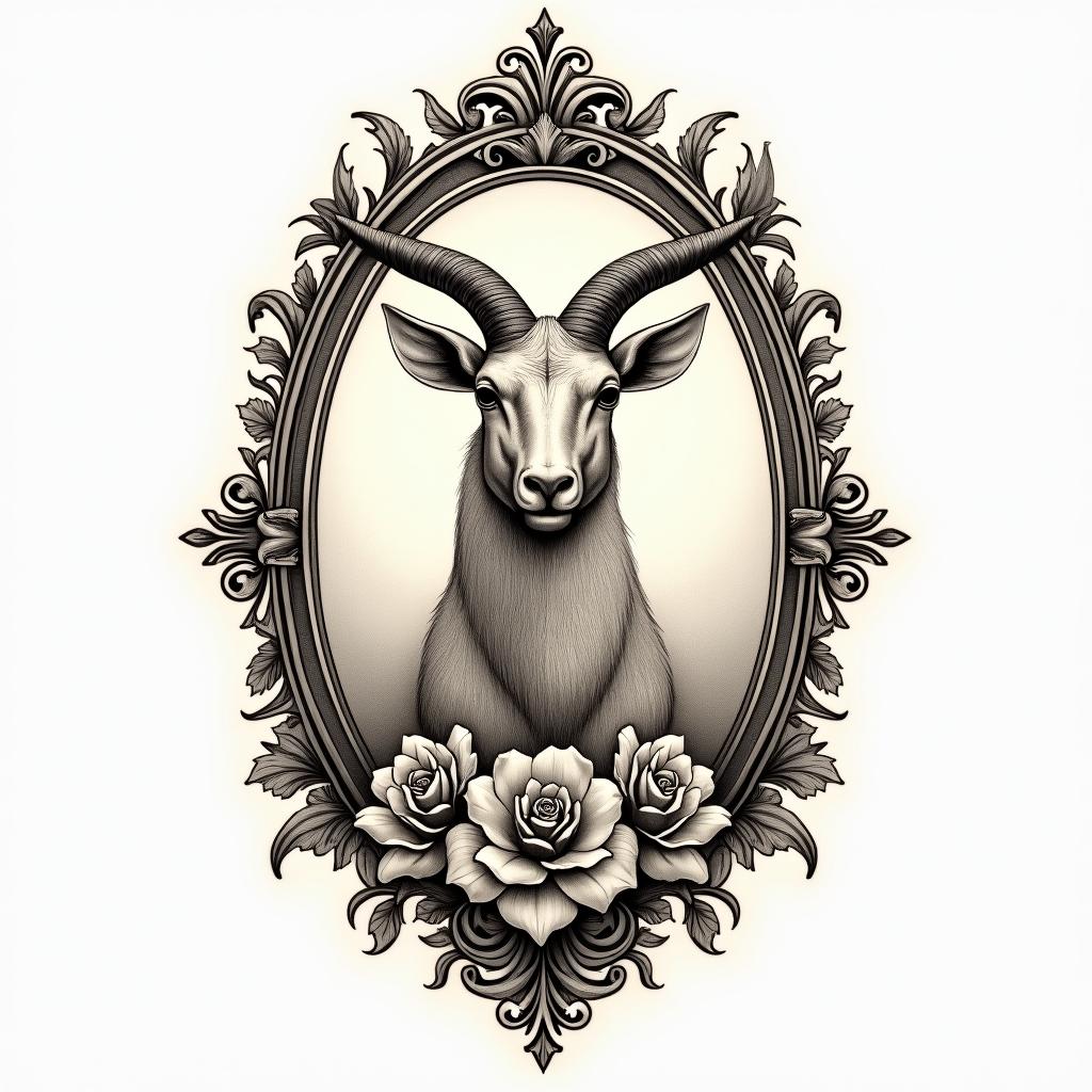 Capricorn zodiac signin victorian style tattoo, featuring vintage and elegant elements, ornate frames, roses, antique, sepia-toned color scheme
